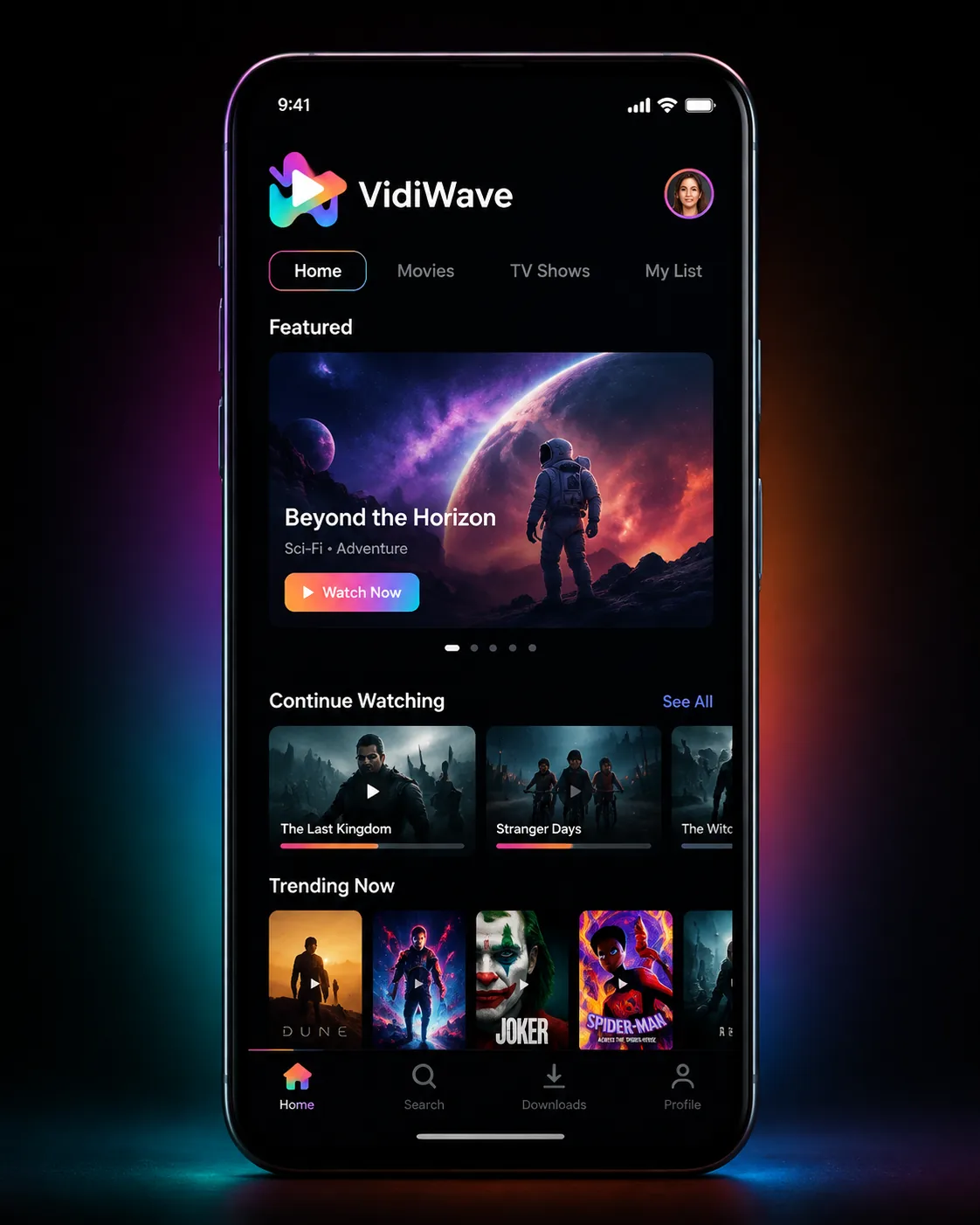 VidiWave app home screen on an Android phone showing movies and series
