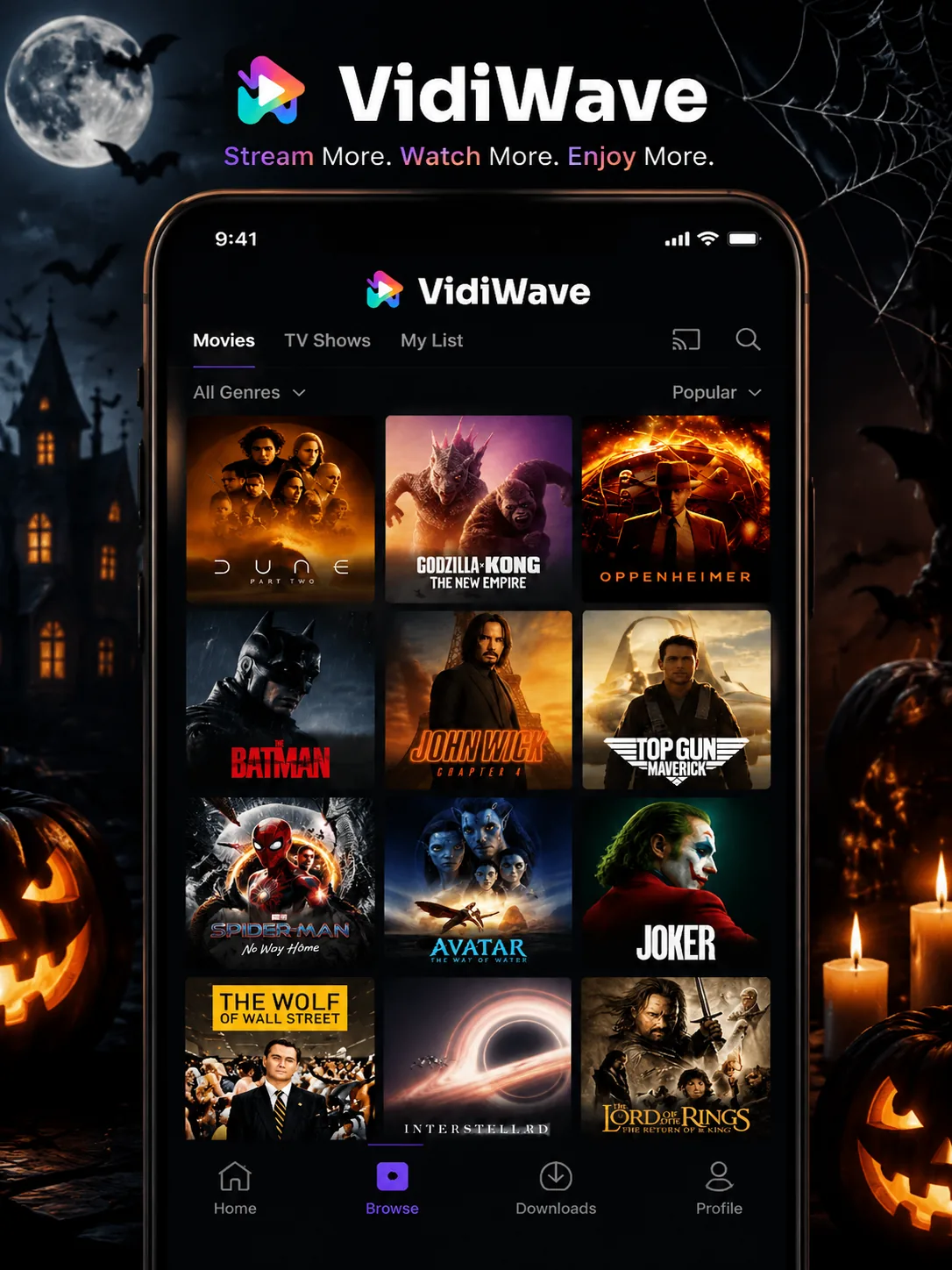 Grid of movies, series and live sports available on VidiWave