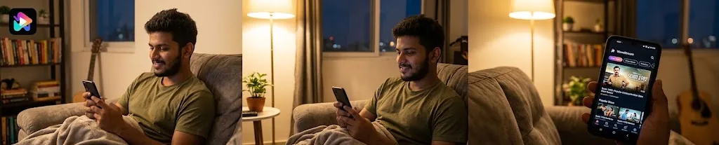 Person relaxing at home watching VidiWave on their Android phone